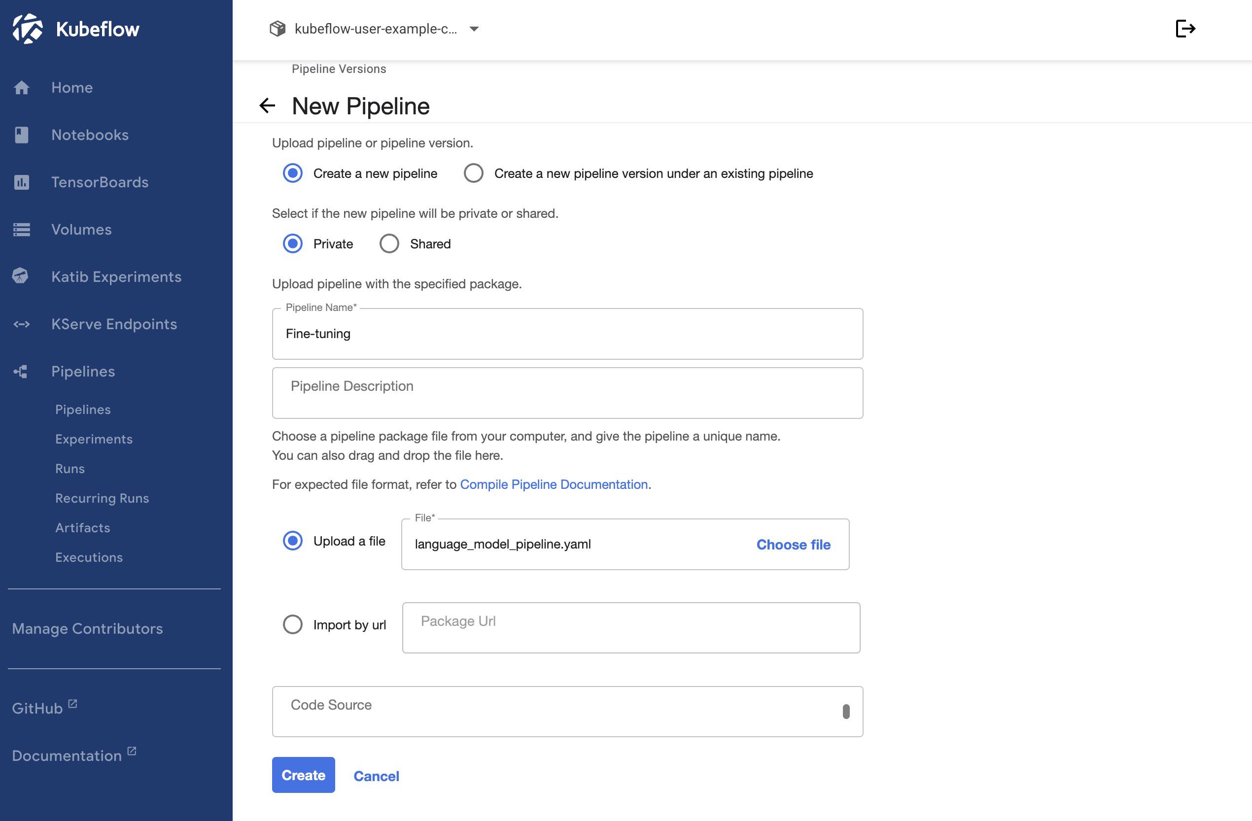 Screenshot of the “New Pipeline” page within Kubeflow