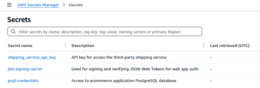 AWS Secrets Manager showing list of stored secrets.