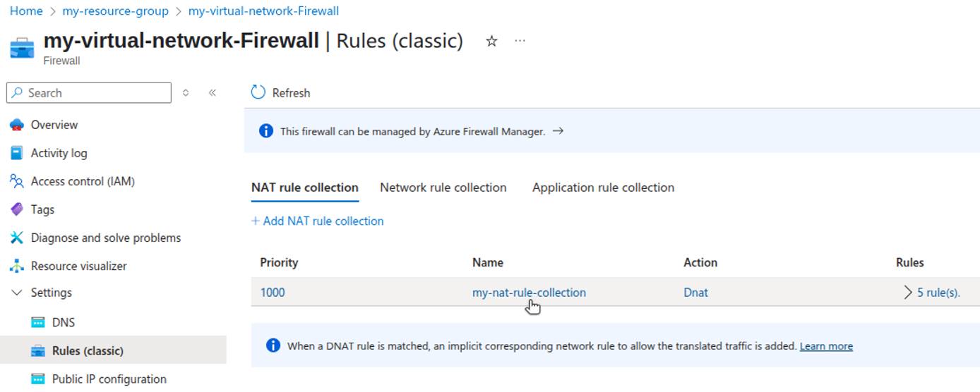 Azure Portal NAT rule collection page. Azure Portal NAT rule collection page.