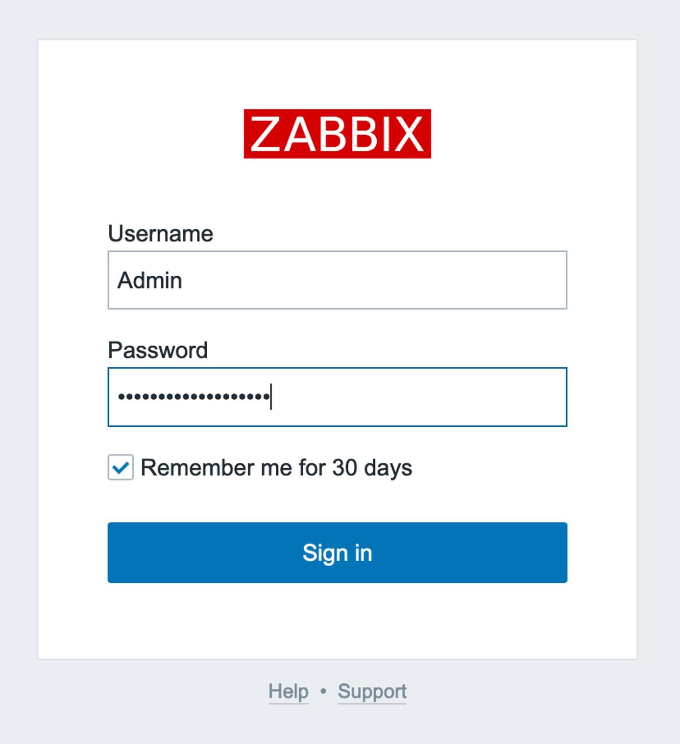 A screenshot of the Zabbix log in prompt A screenshot of the Zabbix log in prompt